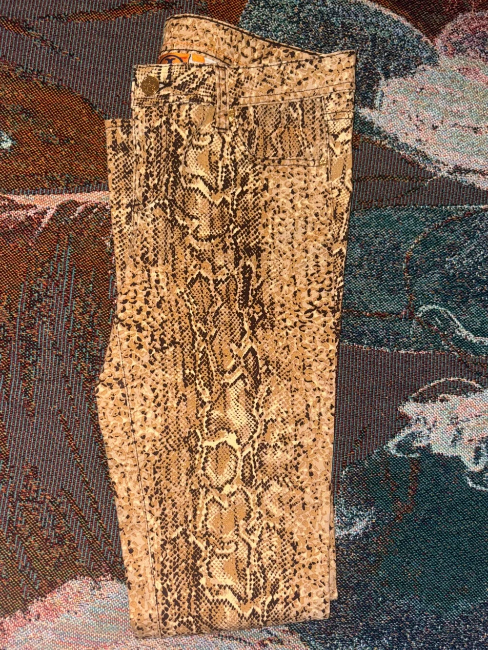 Tory Burch Tan and Brown Snake-Print Skinny Pants